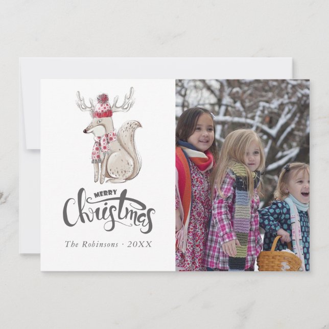 Cartão De Festividades Linda foto do Natal da Raposa do Inverno em aquare (Frente)