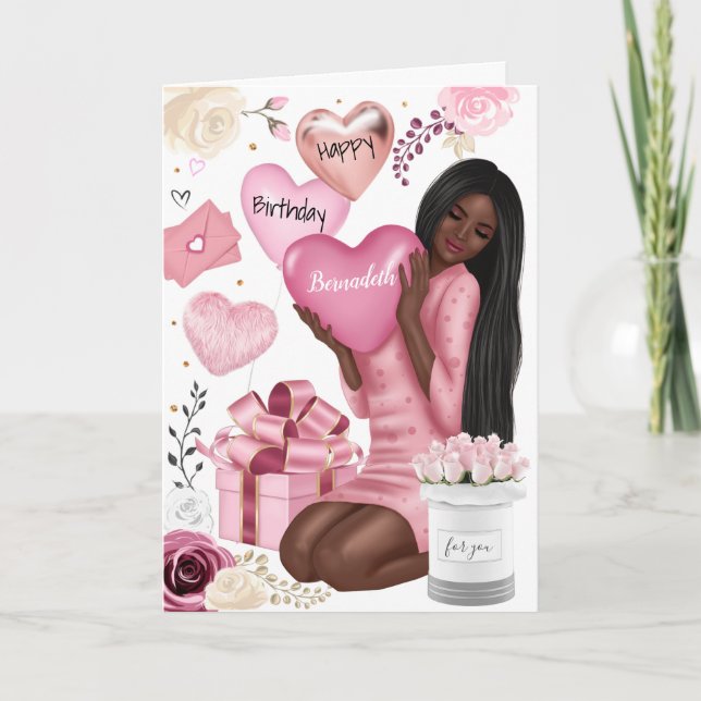 Cartão De Festividades Linda garota africana americana feliz aniversário (Frente)