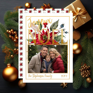 Cartão De Festividades Linda Poinsettia e Berries Joyeux Noël