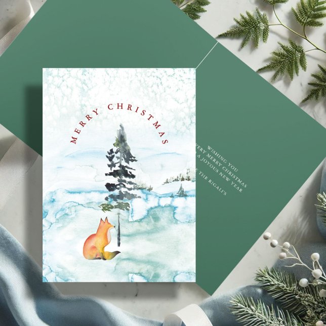 Cartão De Festividades Linda Raposa Vermelha e Verde em Aquarela Natal (Cute Christmas cards watercolor fox and pine tree art by Victoria Grigaliunas Do Tell A Belle)