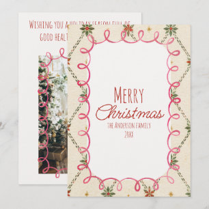Cartão De Festividades Lindas Folhas de Azevinho Quadro Rosa Feliz Natal