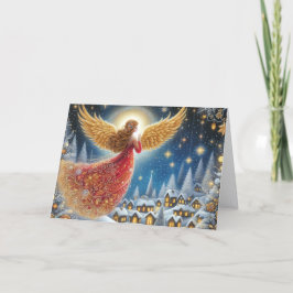 Cartão De Festividades Lindo Anjo de Natal Carmim e Dourado