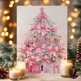 Cartão De Festividades Lindo Arvore de Natal com Laço Rosa Merry Christma