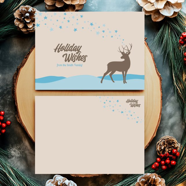 Cartão De Festividades Lindo caprichoso sem foto inverno Veado da Florest (Whimsy non photo holiday card with deer in winter scene and light blue stars.)