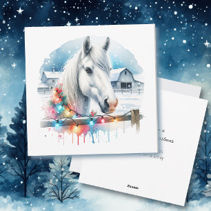 Cartão De Festividades Lindo Cavalo Branco na Fazenda de Natal