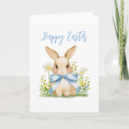 Cartão De Festividades Lindo coelho de Páscoa em aquarela com laço azul x