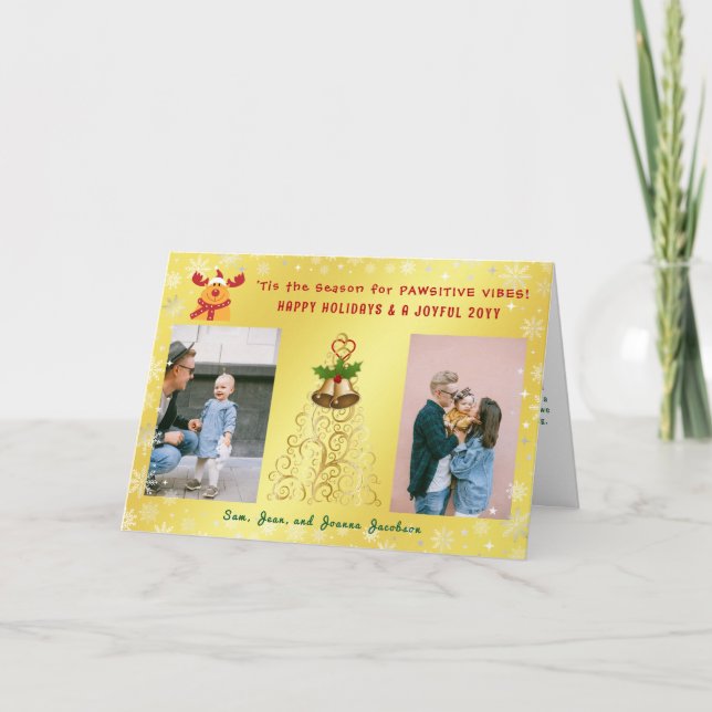 Cartão De Festividades Lindo Divertido Rudolph 2 Fotos Feliz Natal Dourad (Frente)