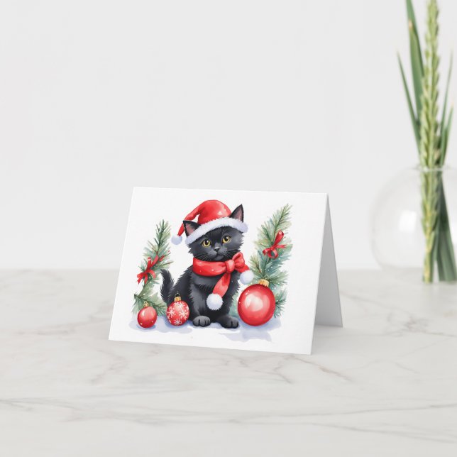 Cartão De Festividades Lindo Gatinho Preto de Papai Noel com Bolas de Nat (Frente)