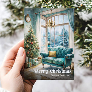 Cartão De Festividades Lindo interior clássico de Natal com ambiente fest
