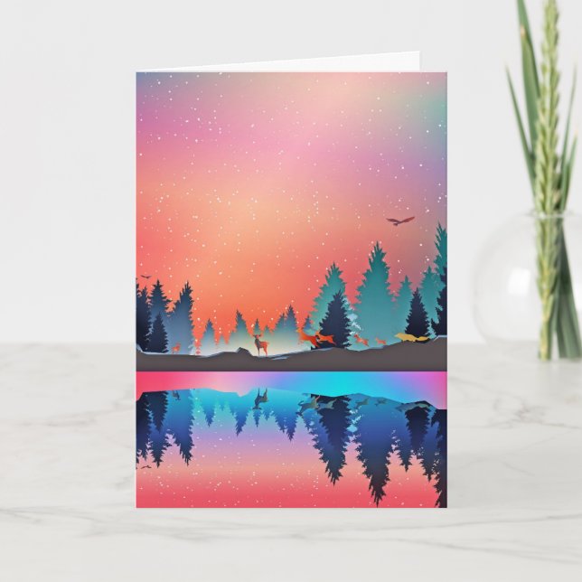 Cartão De Festividades Lindo Lago de Inverno Neve Raposa Veado (Frente)