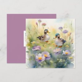 Cartão De Festividades Lindo Pato Aquarela E Flores Silvestres Em Branco