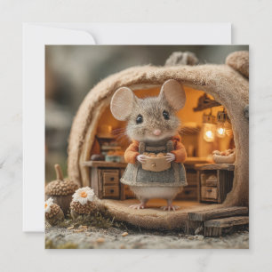 Cartão De Festividades Lindo Pequeno Rato em Casa Aconchegante de Bolota