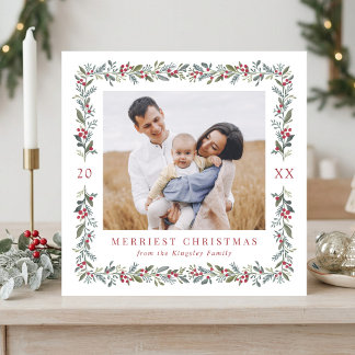 Cartão De Festividades Lindo Quadro Botânico 5 Foto Natal Quadrado