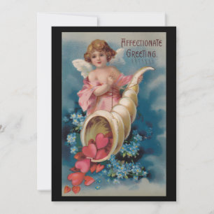 Cartão De Festividades Lindo Querubim Vintage Derramando Corações Cornucó