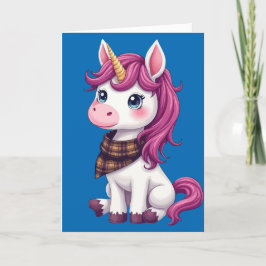 Cartão De Festividades Lindo Unicórnio Rosa Usando um Cachecol Xadrez Esc