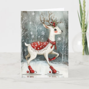 Cartão De Festividades Lindo Veado de Patinação no Gelo Natal