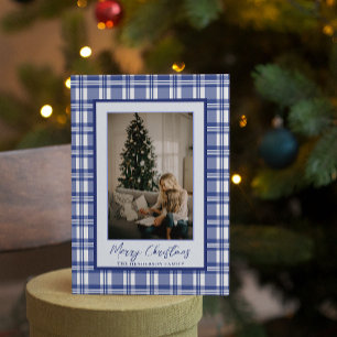 Cartão De Festividades Lindo Xadrez Azul Marinho Foto de Natal da Famíl