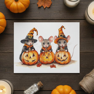 Cartão De Festividades Lindos Ratinhos de Aquarela Abóboras de Halloween