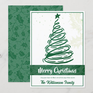 Cartão De Festividades Linhas Curvas Árvore de Natal Holly Leaf Green Whi