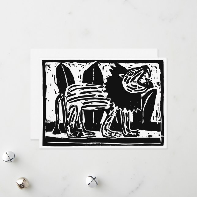 Cartão De Festividades Lion Lino Cortado Negro e Branco (Frente/Verso In Situ)