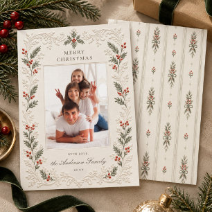 Cartão De Festividades Listra de Ticking de Natal Tradicional com Azevinh