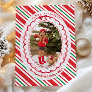 Cartão De Festividades Listras Brilhantes Verde Vermelho Duas Fotos Natal