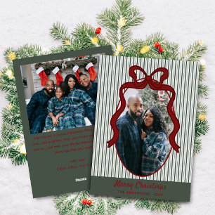 Cartão De Festividades Listras Verde Escuro & Laço Vermelho Natal 2 Foto