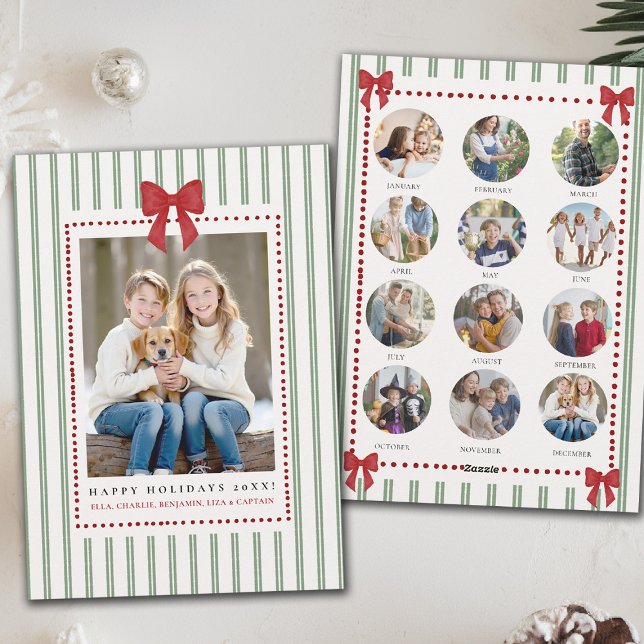 Cartão De Festividades Listras Verde Vermelho Arco Natal Ano Análise Foto (family christmas card year in review template photos green stripes red bow watercolor trendy chic)
