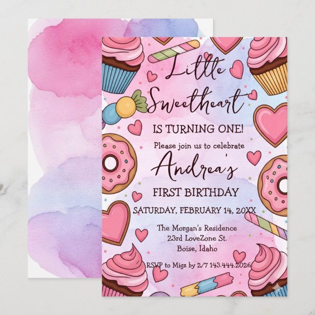 Cartão De Festividades Little Sweetheart is Turning One Valentines Birth (Frente/Verso)