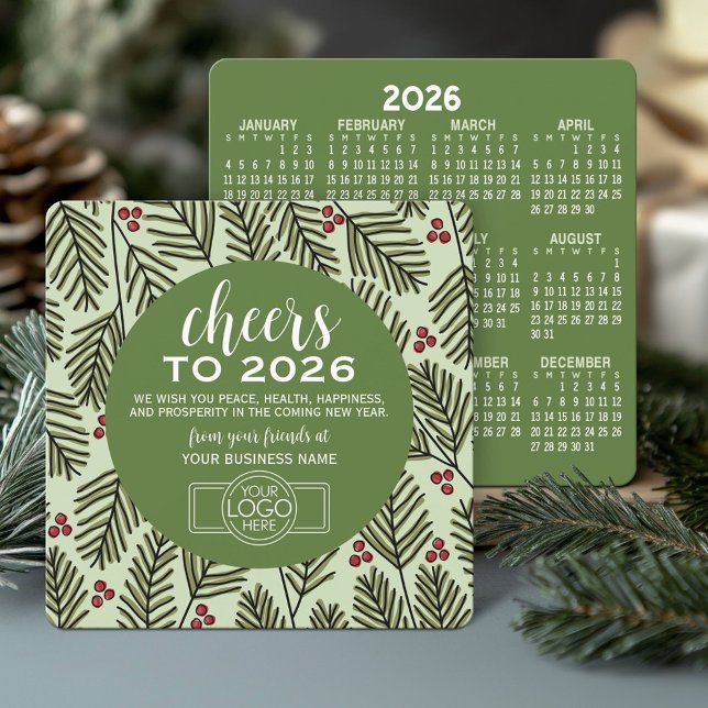 Cartão De Festividades Logotipo comercial do calendário - Branches verdes (Business Holiday Card with 2026 Calendar)