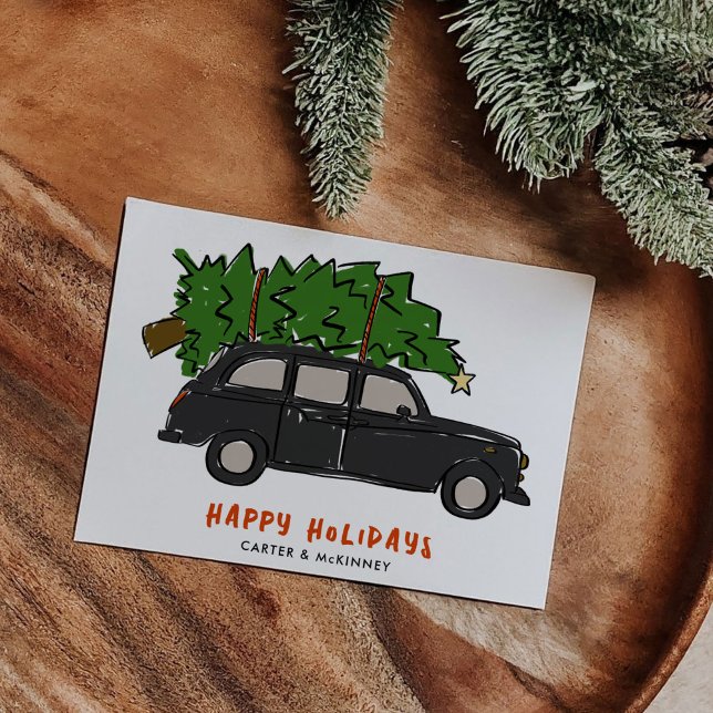 Cartão De Festividades London Black Cab Christmas Tree Taxi Business (London Black Cab Christmas Tree Taxi Illustrated Business Holiday Card)