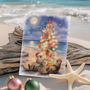Cartão De Festividades Lontra Marinha Madeira Flutuante Árvore Praia Nata