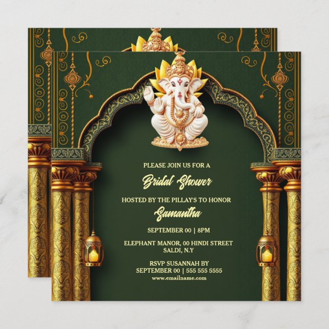 Cartão De Festividades Lord Ganesh green gold paisley elegante arco chic (Frente/Verso)