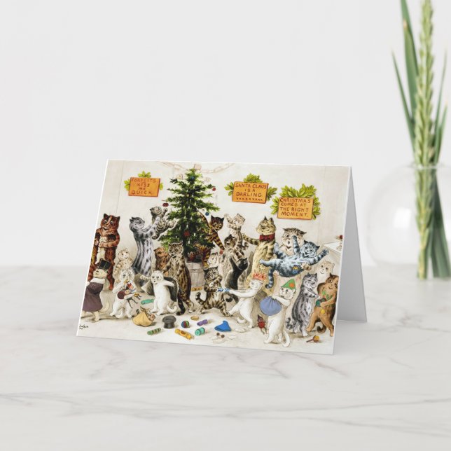 Cartão De Festividades Louis Wain Cats Christmas Tree Decorating Party (Frente)