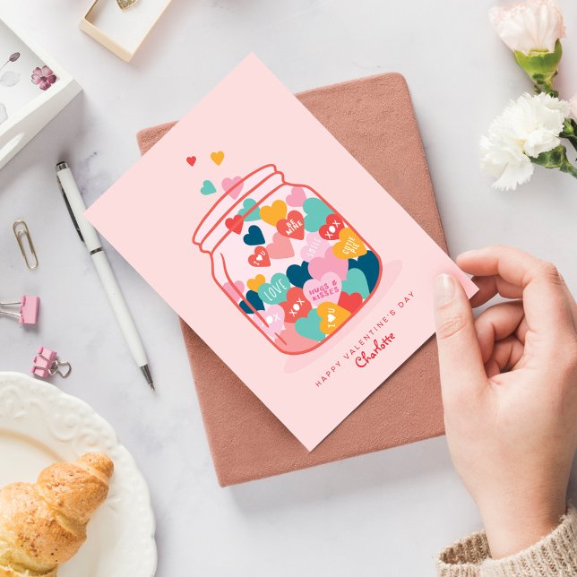 Cartão De Festividades Love Candy Heart Messages Mason Jar Namorados (Criador carregado)