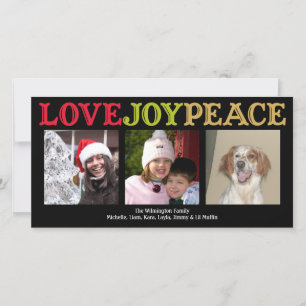Cartão De Festividades Love Joy Peace woodblock black Christmas greeting