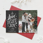 Cartão De Festividades Love Peace and Joy Chalkboard Photo<br><div class="desc">Amor,  paz e alegria. Envie desejos de férias para sua família e amigos com este cartão de feriado personalizável. Apresenta letras de mão rústicas e um fundo de quadro falsa. Este Cartões de foto de Natal de quadro secundário está disponível em outros estilos de placa.</div>