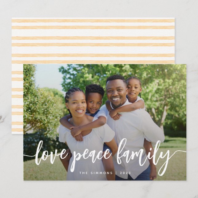 Cartão De Festividades Love Peace Family Modern Brusn Script Photo (Frente/Verso)