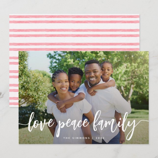 Cartão De Festividades Love Peace Family Modern Brusn Script Photo (Frente/Verso)