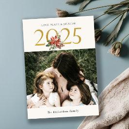 Cartão De Festividades Love Peace Health Poinsettia Bunch Dourado 2022 Fo