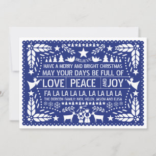 Cartão De Festividades Love Peace, Joy papel picado blue Christmas