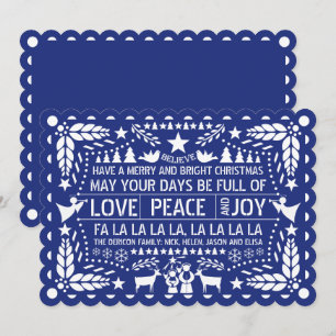 Cartão De Festividades Love Peace, Joy papel picado blue Christmas