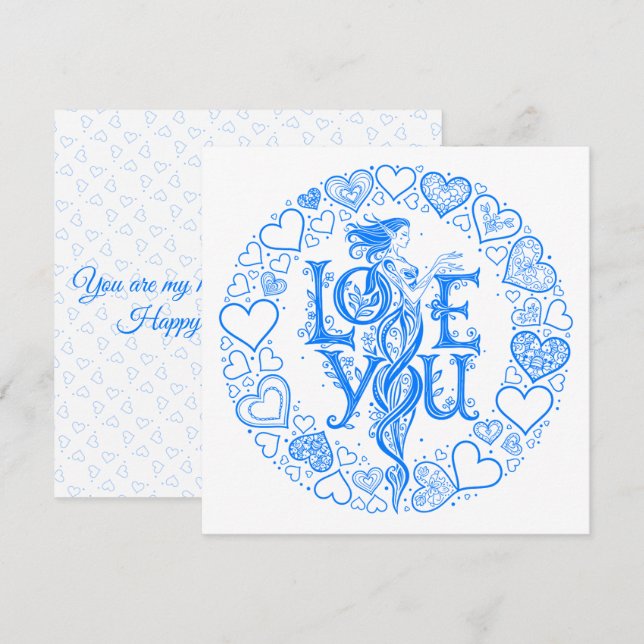 Cartão De Festividades Love You Fantasy Valentine gift Blue Line Art  (Frente/Verso)