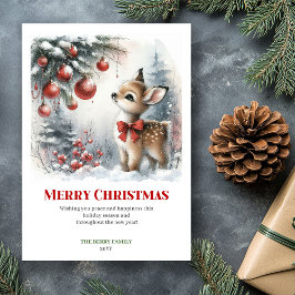 Cartão De Festividades Lovely Baby Fawn Winter Scene Watercolor Greeting