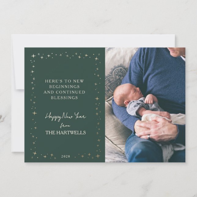 Cartão De Festividades Lovely Forest Green Starry New Year Photo (Frente)