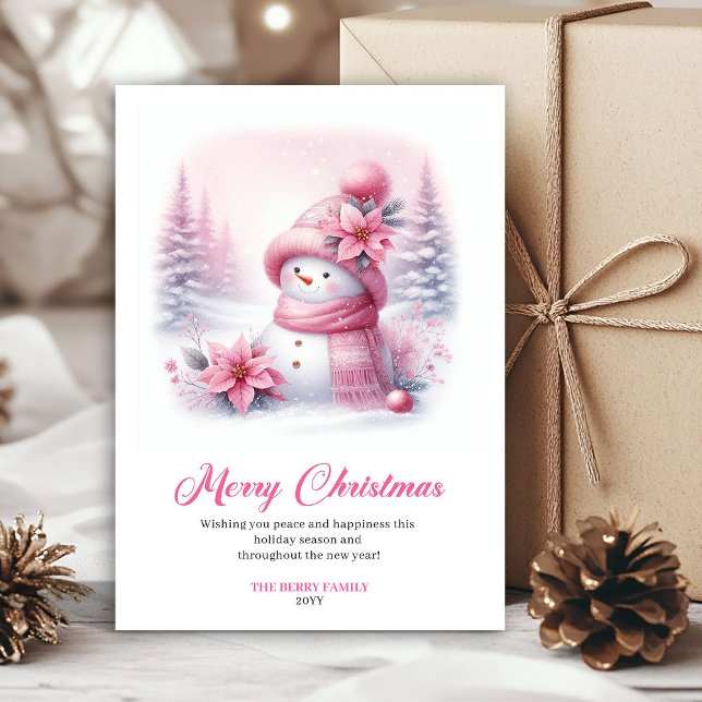 Cartão De Festividades Lovely pink snowman Christmas kids card editable  (Lovely pink snowman Christmas kids card editable layout)