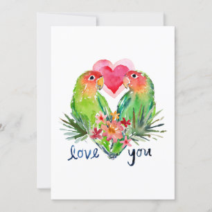 Cartão De Festividades LOVEY LOVEBIRDS Tropical Aquarela do Dia dos Namor