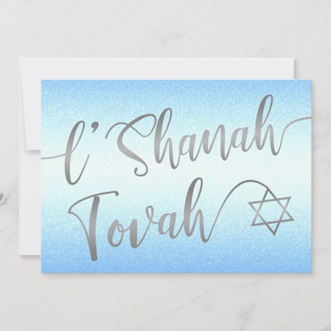 Cartão De Festividades L'Shanah Tovah Rosh Hashanah Escrita Prateada Azul (Frente)