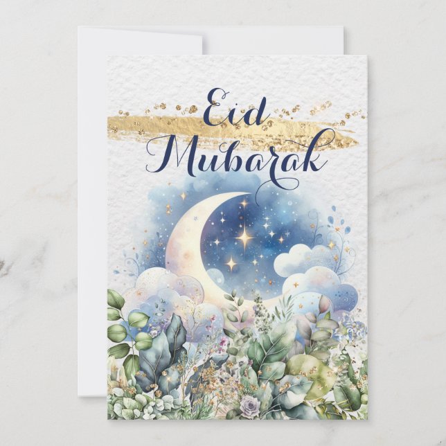 Cartão De Festividades Lua em Aquarela Eid Mubarak com Acento Dourado Ver (Frente)