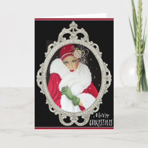 Cartão De Festividades Luvas Verdes Casaco Vermelho Dama Vintage Art Déco